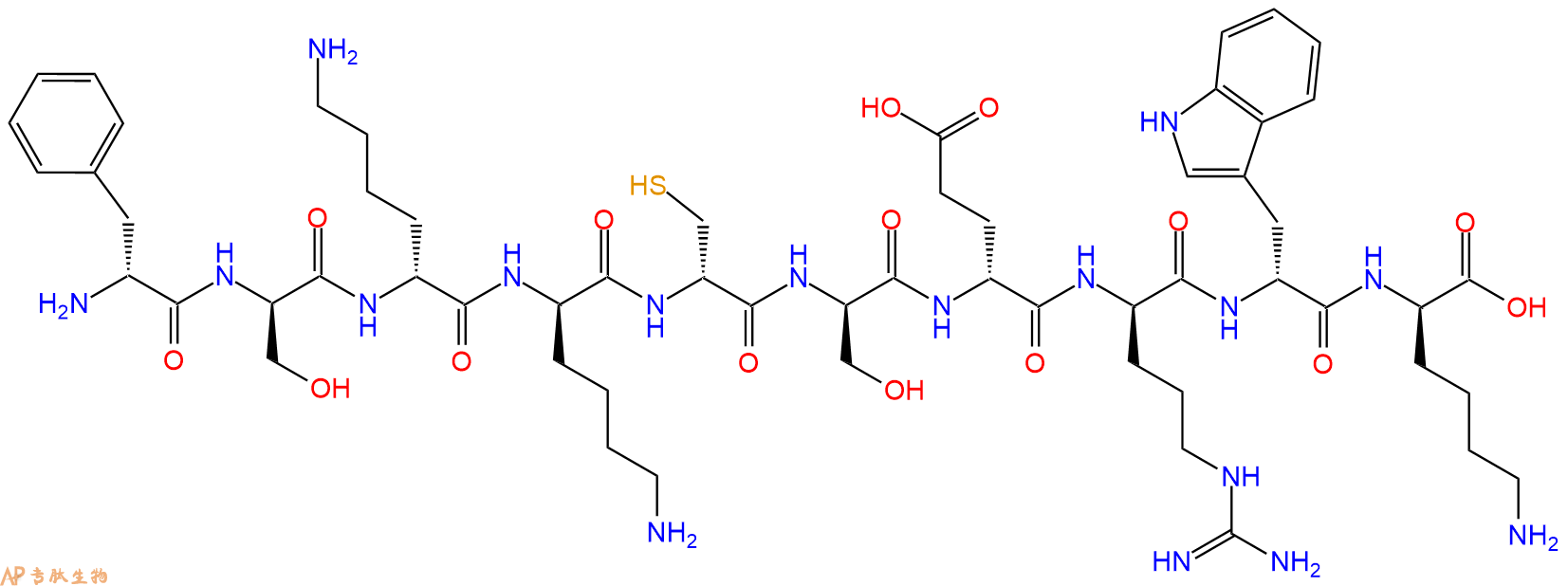 专肽生物产品H2N-DPhe-DSer-DLys-DLys-DCys-DSer-DGlu-DArg-DTrp-D