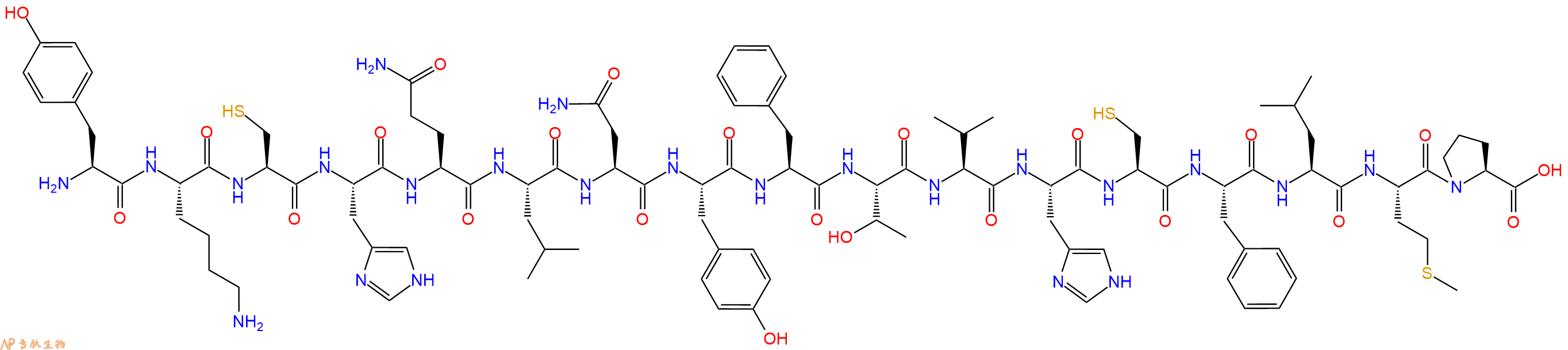 专肽生物产品H2N-Tyr-Lys-Cys-His-Gln-Leu-Asn-Tyr-Phe-Thr-Val-Hi
