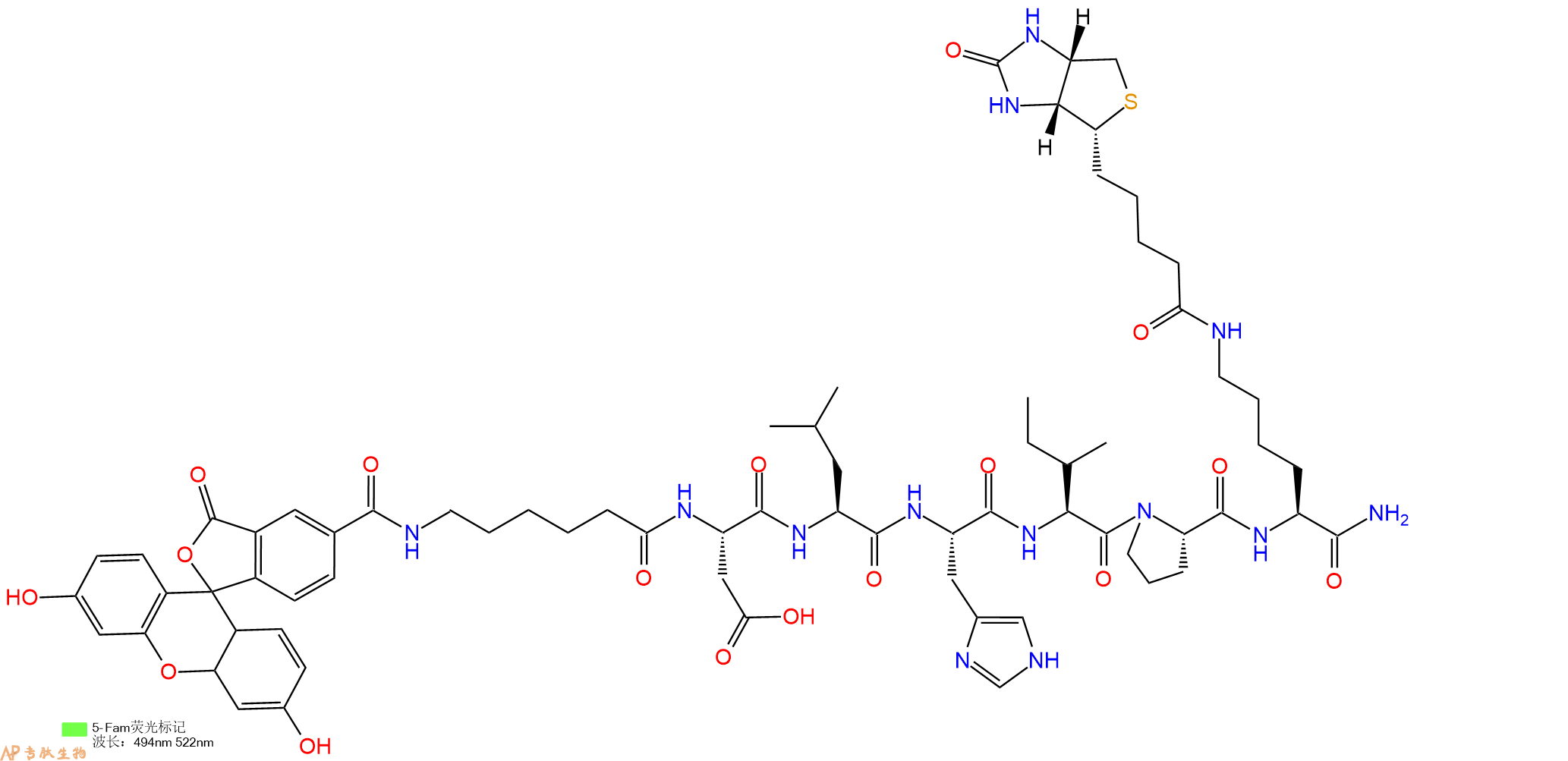 专肽生物产品5FAM-Ahx-Asp-Leu-His-Ile-Pro-Lys(Biotin)-NH2