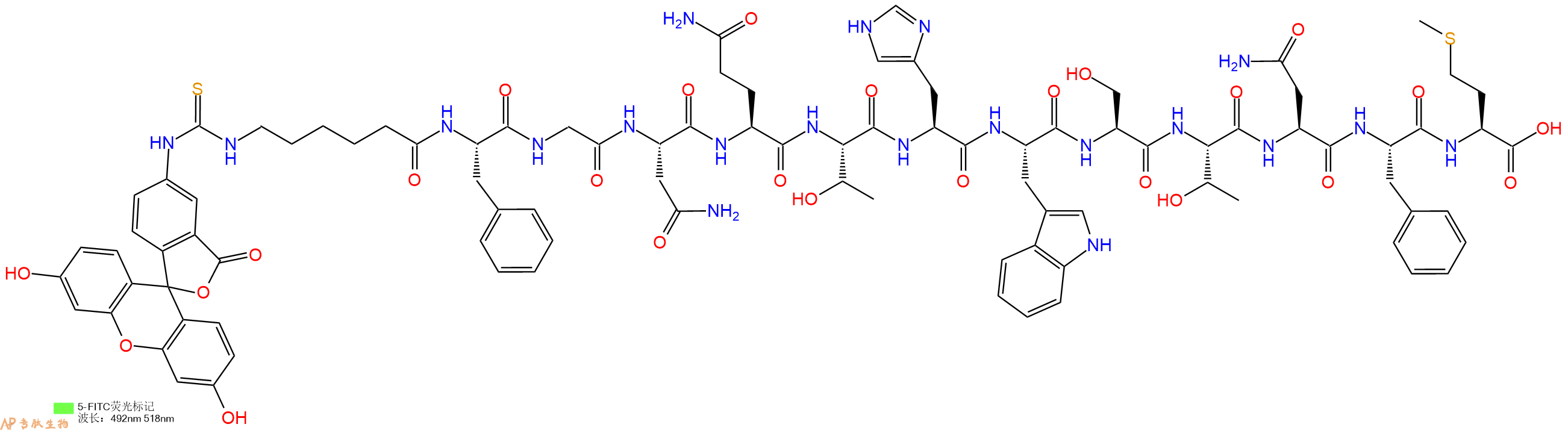 专肽生物产品5FITC-Ahx-Phe-Gly-Asn-Gln-Thr-His-Trp-Ser-Thr-Asn-