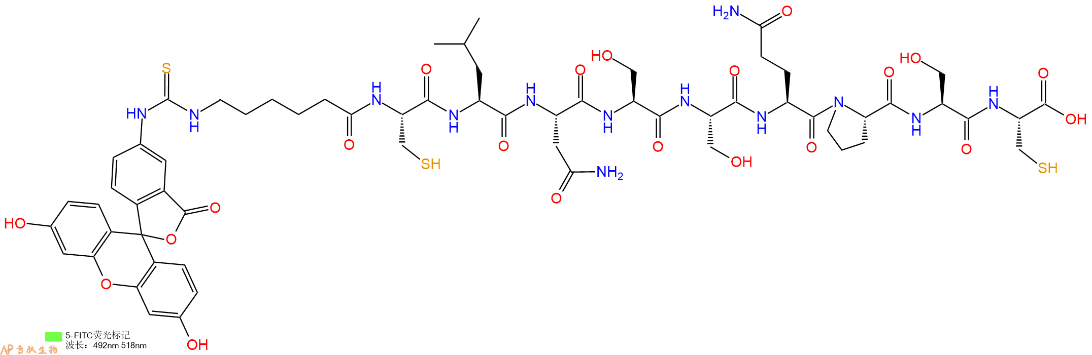 专肽生物产品5FITC-Ahx-Cys-Leu-Asn-Ser-Ser-Gln-Pro-Ser-Cys-COOH