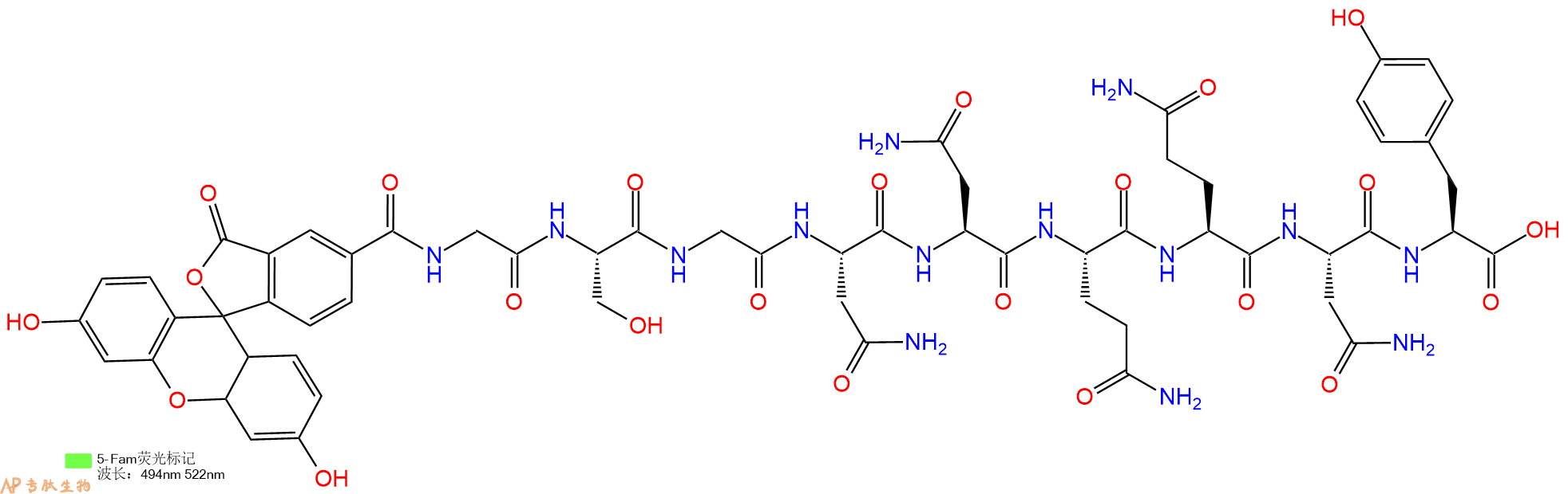 专肽生物产品5FAM-Gly-Ser-Gly-Asn-Asn-Gln-Gln-Asn-Tyr-COOH