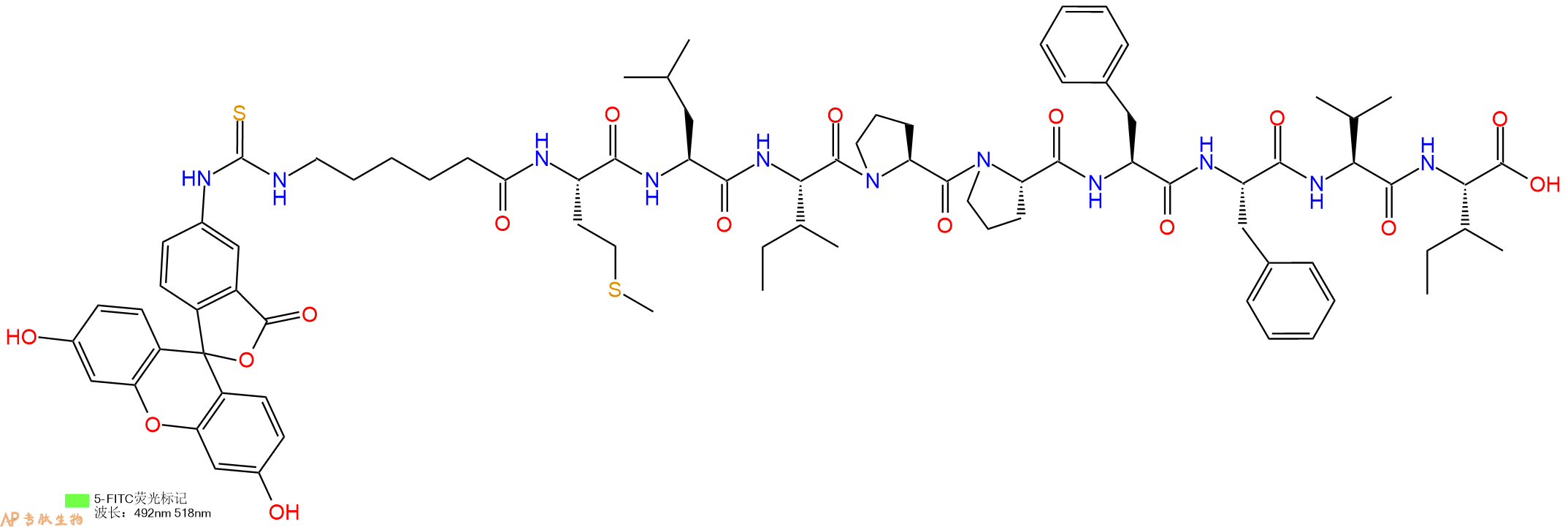 专肽生物产品5FITC-Ahx-Met-Leu-Ile-Pro-Pro-Phe-Phe-Val-Ile-COOH