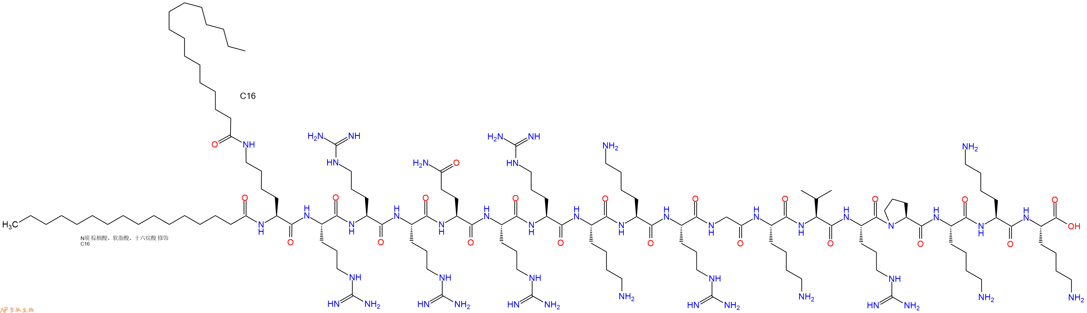 专肽生物产品Palmiticacid-Lys(C16)-Arg-Arg-Arg-Gln-Arg-Arg-Lys-Lys-Arg-Gly-Lys-Val-Arg-Pro-Lys-Lys-Lys-COOH