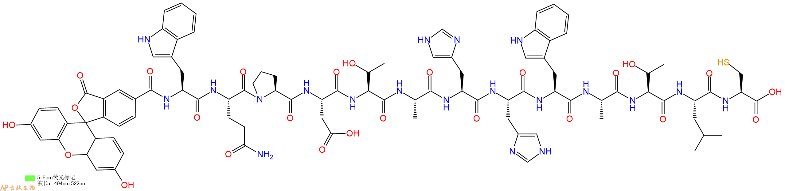 专肽生物产品5FAM-Trp-Gln-Pro-Asp-Thr-Ala-His-His-Trp-Ala-Thr-Leu-Cys-COOH