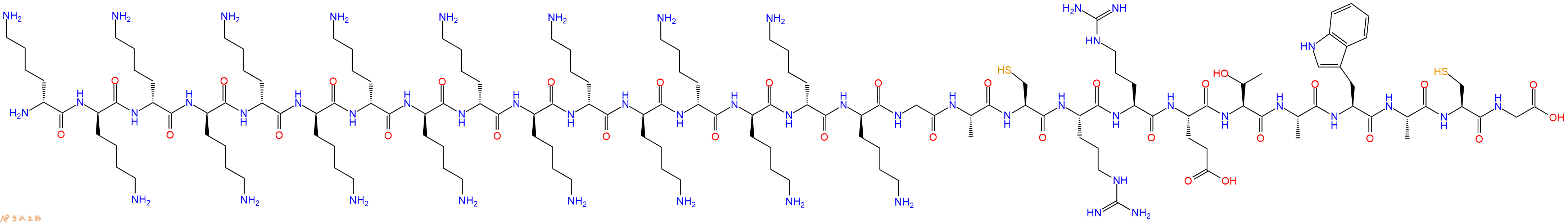 专肽生物产品H2N-DLys-DLys-DLys-DLys-DLys-DLys-DLys-DLys-DLys-DLys-DLys-DLys-DLys-DLys-DLys-DLys-Gly-Ala-Cys-Arg-Arg-Glu-Thr-Ala-Trp-Ala-Cys-Gly-COOH