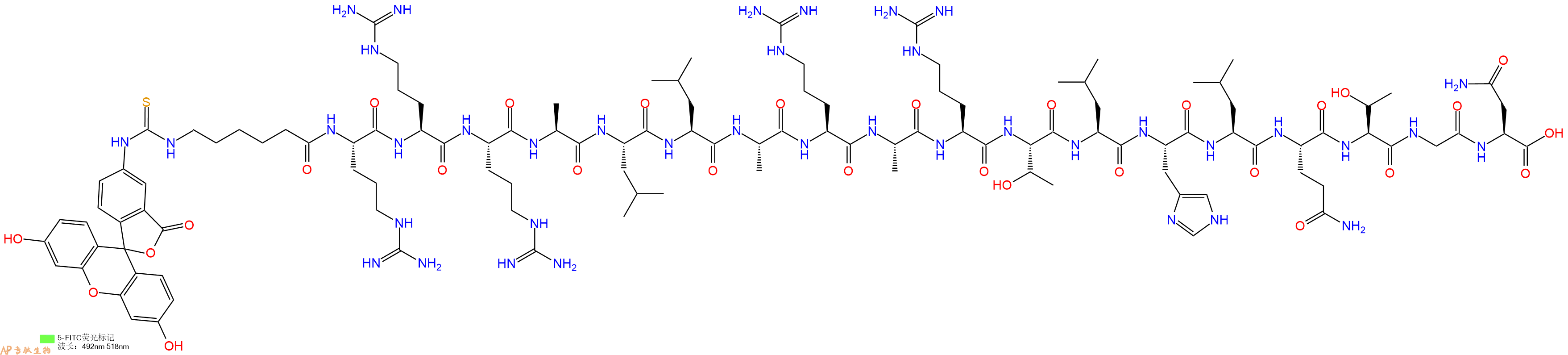 专肽生物产品5FITC-Ahx-Arg-Arg-Arg-Ala-Leu-Leu-Ala-Arg-Ala-Arg-Thr-Leu-His-Leu-Gln-Thr-Gly-Asn-COOH