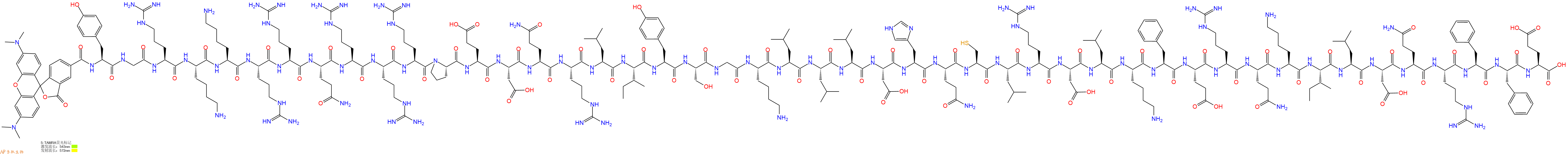 专肽生物产品5TAMRA-Tyr-Gly-Arg-Lys-Lys-Arg-Arg-Gln-Arg-Arg-Arg-Pro-Glu-Asp-Gln-Arg-Leu-Ile-Tyr-Ser-Gly-Lys-Leu-Leu-Leu-Asp-His-Gln-Cys-Leu-Arg-Asp-Leu-Lys-Phe-Glu-Arg-Gln-Lys-Ile-Leu-Asp-Gln-Arg-Phe-Phe-Glu-COOH