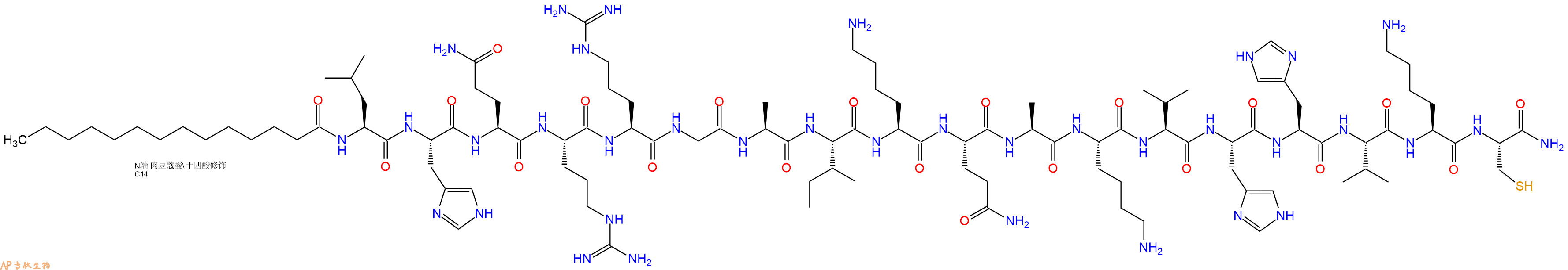 专肽生物产品Myristicacid-Leu-His-Gln-Arg-Arg-Gly-Ala-Ile-Lys-Gln-Ala-Lys-Val-His-His-Val-Lys-Cys-NH2