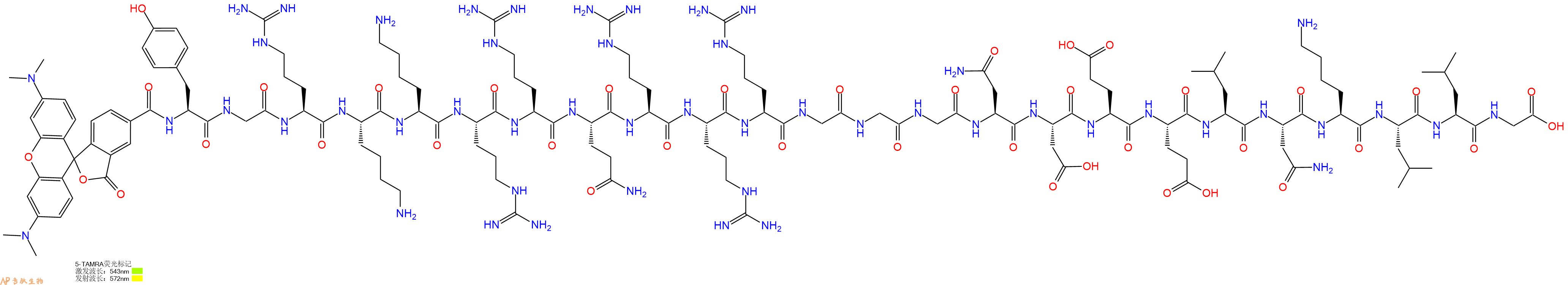 专肽生物产品5TAMRA-Tyr-Gly-Arg-Lys-Lys-Arg-Arg-Gln-Arg-Arg-Arg-Gly-Gly-Gly-Asn-Asp-Glu-Glu-Leu-Asn-Lys-Leu-Leu-Gly-COOH