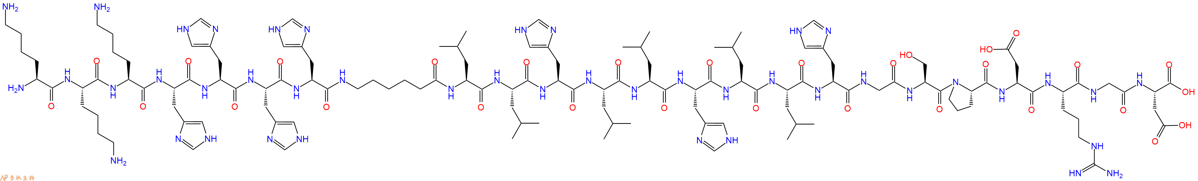 专肽生物产品H2N-Lys-Lys-Lys-His-His-His-His-Acp-Leu-Leu-His-Leu-Leu-His-Leu-Leu-His-Gly-Ser-Pro-Asp-Arg-Gly-Asp-COOH