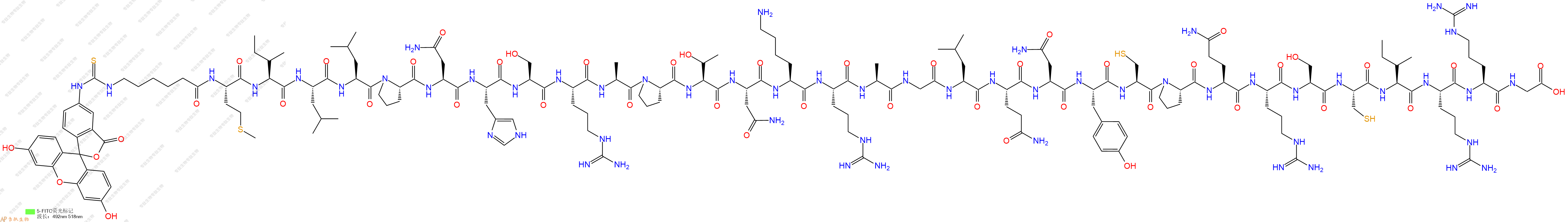 专肽生物产品5FITC-Ahx-Met-Ile-Leu-Leu-Pro-Asn-His-Ser-Arg-Ala-Pro-Thr-Asn-Lys-Arg-Ala-Gly-Leu-Gln-Asn-Tyr-Cys-Pro-Gln-Arg-Ser-Cys-Ile-Arg-Arg-Gly-COOH