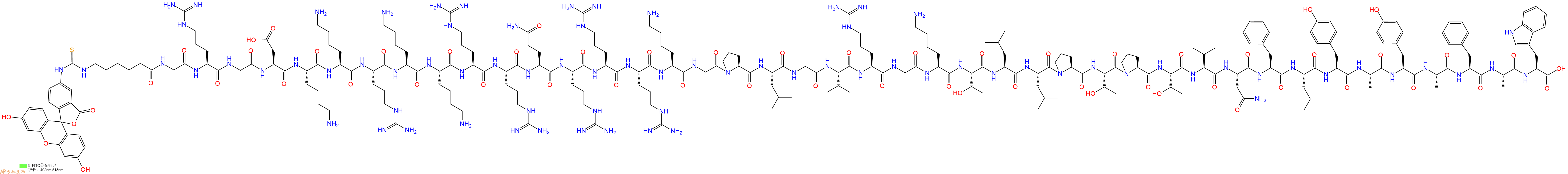 专肽生物产品5FITC-Ahx-Gly-Arg-Gly-Asp-Lys-Lys-Arg-Lys-Lys-Arg-Arg-Gln-Arg-Arg-Arg-Lys-Gly-Pro-Leu-Gly-Val-Arg-Gly-Lys-Thr-Leu-Leu-Pro-Thr-Pro-Thr-Val-Asn-Phe-Leu-Tyr-Ala-Tyr-Ala-Phe-Ala-Trp-COOH