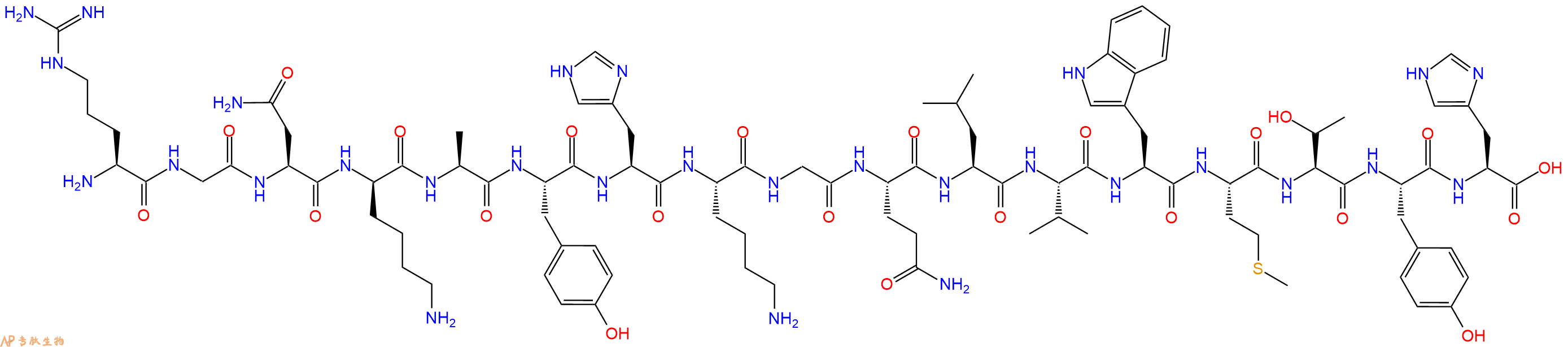 专肽生物产品H2N-Arg-Gly-Asn-DLys-Ala-Tyr-His-Lys-Gly-Gln-Leu-Val-Trp-Met-Thr-Tyr-His-COOH