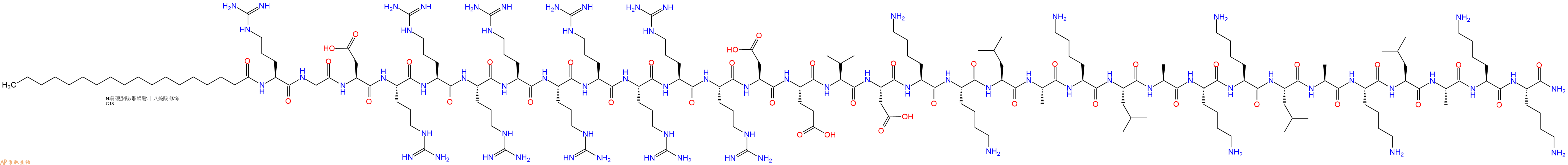 专肽生物产品Stearicacid-Arg-Gly-Asp-Arg-Arg-Arg-Arg-Arg-Arg-Arg-Arg-Arg-Asp-Glu-Val-Asp-Lys-Lys-Leu-Ala-Lys-Leu-Ala-Lys-Lys-Leu-Ala-Lys-Leu-Ala-Lys-Lys-NH2