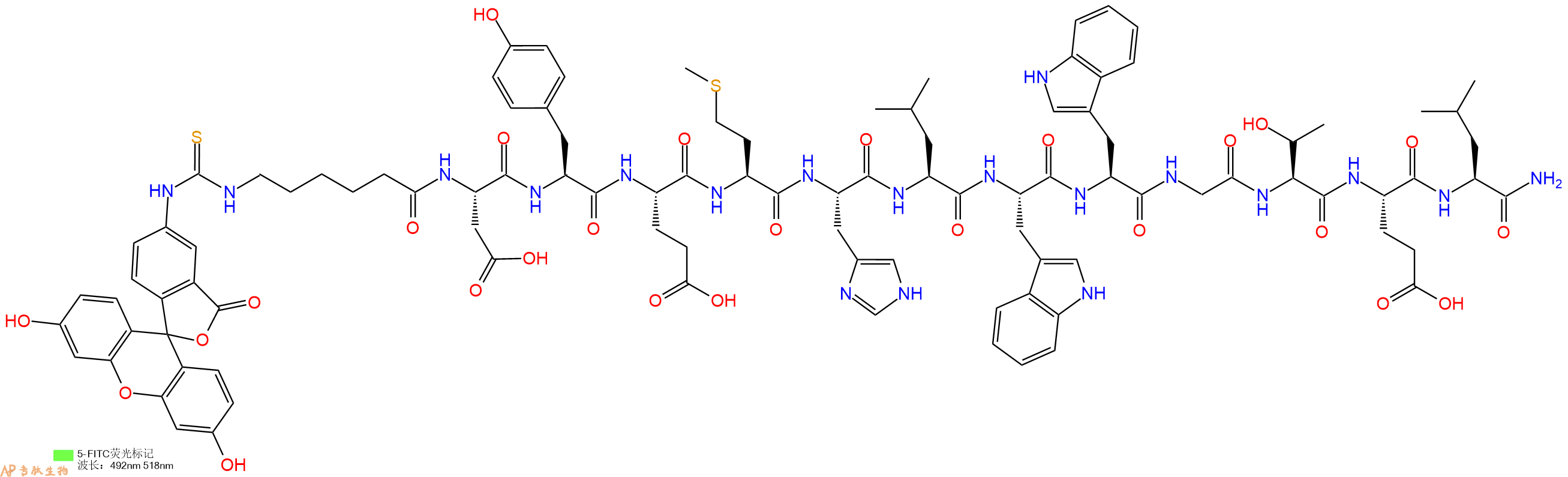 专肽生物产品5FITC-Ahx-Asp-Tyr-Glu-Met-His-Leu-Trp-Trp-Gly-Thr-Glu-Leu-NH2