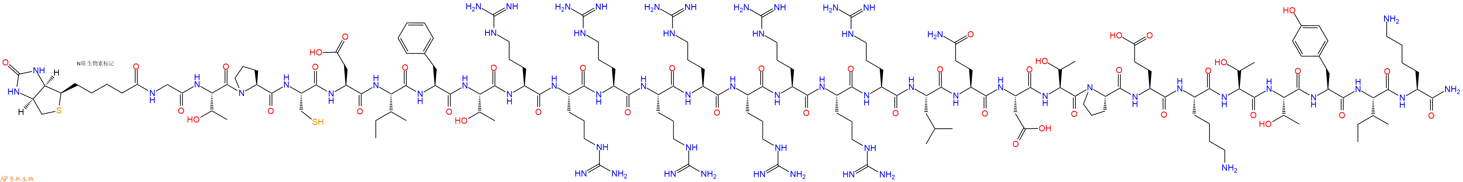 专肽生物产品Biotin-Gly-Thr-Pro-Cys-Asp-Ile-Phe-Thr-Arg-Arg-Arg-Arg-Arg-Arg-Arg-Arg-Arg-Leu-Gln-Asp-Thr-Pro-Glu-Lys-Thr-Thr-Tyr-Ile-Lys-NH2
