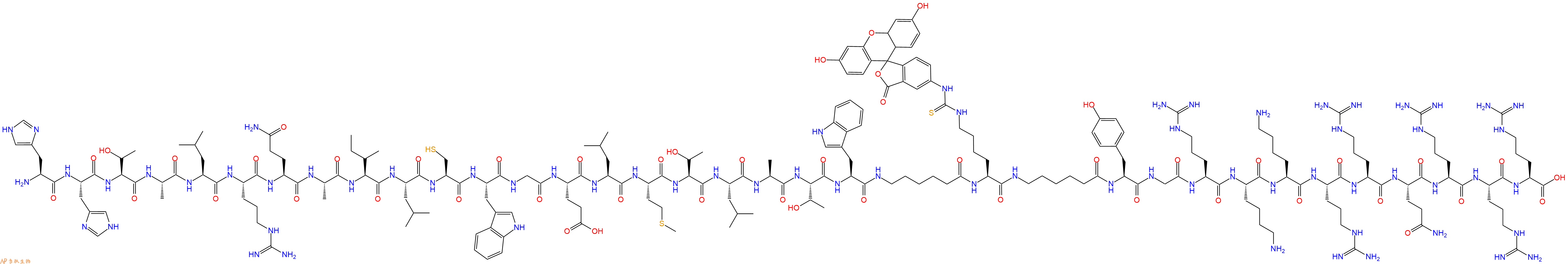 专肽生物产品H2N-His-His-Thr-Ala-Leu-Arg-Gln-Ala-Ile-Leu-Cys-Trp-Gly-Glu-Leu-Met-Thr-Leu-Ala-Thr-Trp-Ahx-Lys(Fitc)-Ahx-Tyr-Gly-Arg-Lys-Lys-Arg-Arg-Gln-Arg-Arg-Arg-COOH