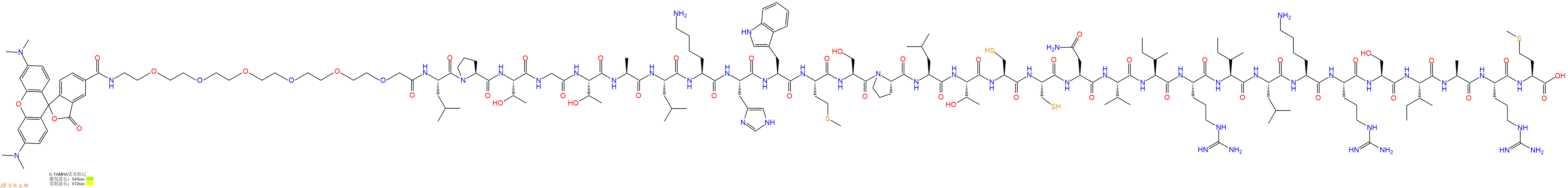 专肽生物产品5TAMRA-PEG6-Leu-Pro-Thr-Gly-Thr-Ala-Leu-Lys-His-Trp-Met-Ser-Pro-Leu-Thr-Cys-Cys-Asn-Val-Ile-Arg-Ile-Leu-Lys-Arg-Ser-Ile-Ala-Arg-Met