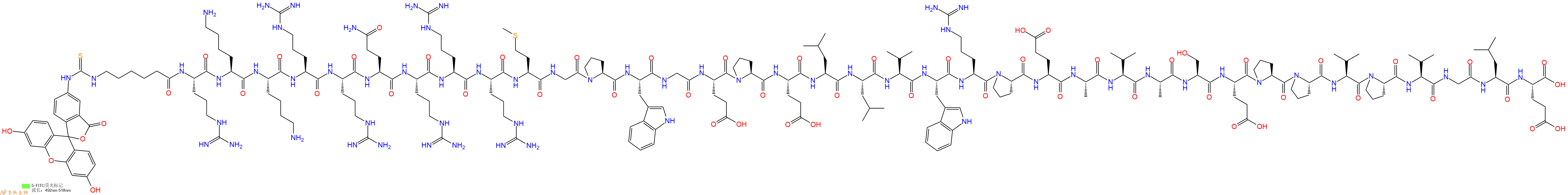 专肽生物产品5FITC-Ahx-Arg-Lys-Lys-Arg-Arg-Gln-Arg-Arg-Arg-Met-Gly-Pro-Trp-Gly-Glu-Pro-Glu-Leu-Leu-Val-Trp-Arg-Pro-Glu-Ala-Val-Ala-Ser-Glu-Pro-Pro-Val-Pro-Val-Gly-Leu-Glu-COOH