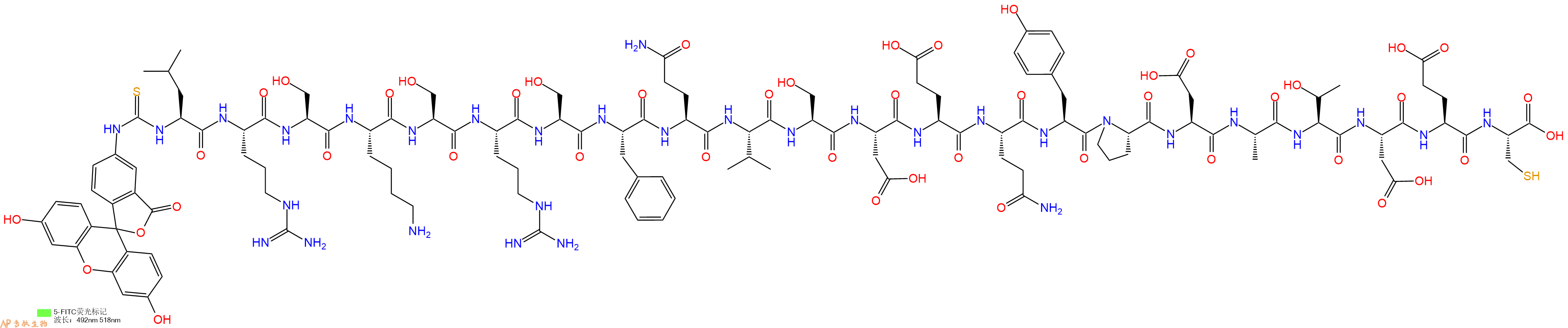 专肽生物产品5FITC-Leu-Arg-Ser-Lys-Ser-Arg-Ser-Phe-Gln-Val-Ser-Asp-Glu-Gln-Tyr-Pro-Asp-Ala-Thr-Asp-Glu-Cys-COOH
