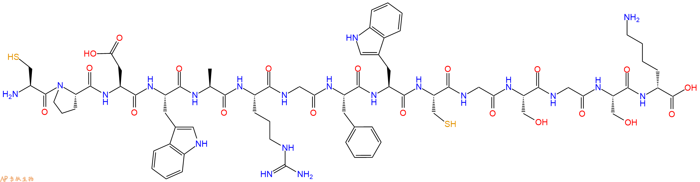 专肽生物产品H2N-Cys-Pro-Asp-Trp-Ala-Arg-Gly-Phe-Trp-Cys-Gly-Ser-Gly-Ser-DLys-OH