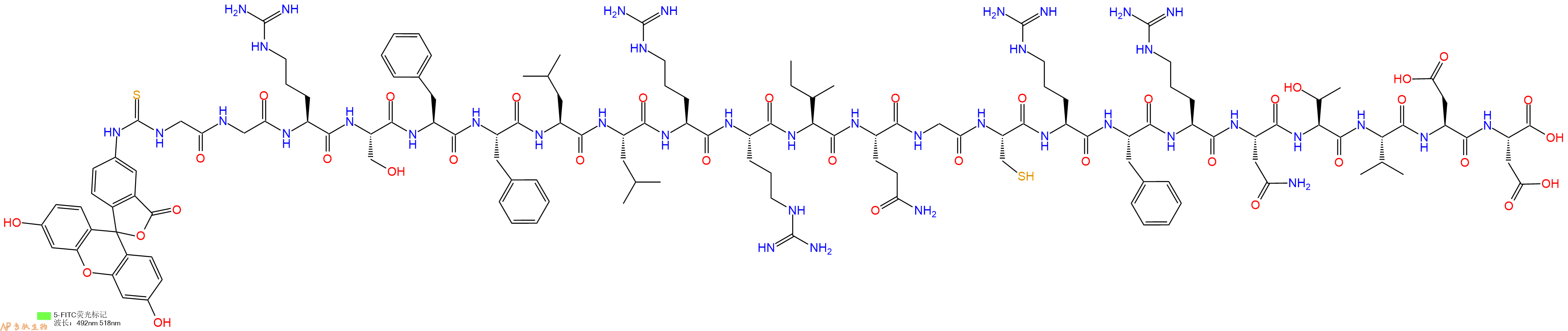专肽生物产品5FITC-Gly-Gly-Arg-Ser-Phe-Phe-Leu-Leu-Arg-Arg-Ile-Gln-Gly-Cys-Arg-Phe-Arg-Asn-Thr-Val-Asp-Asp-OH