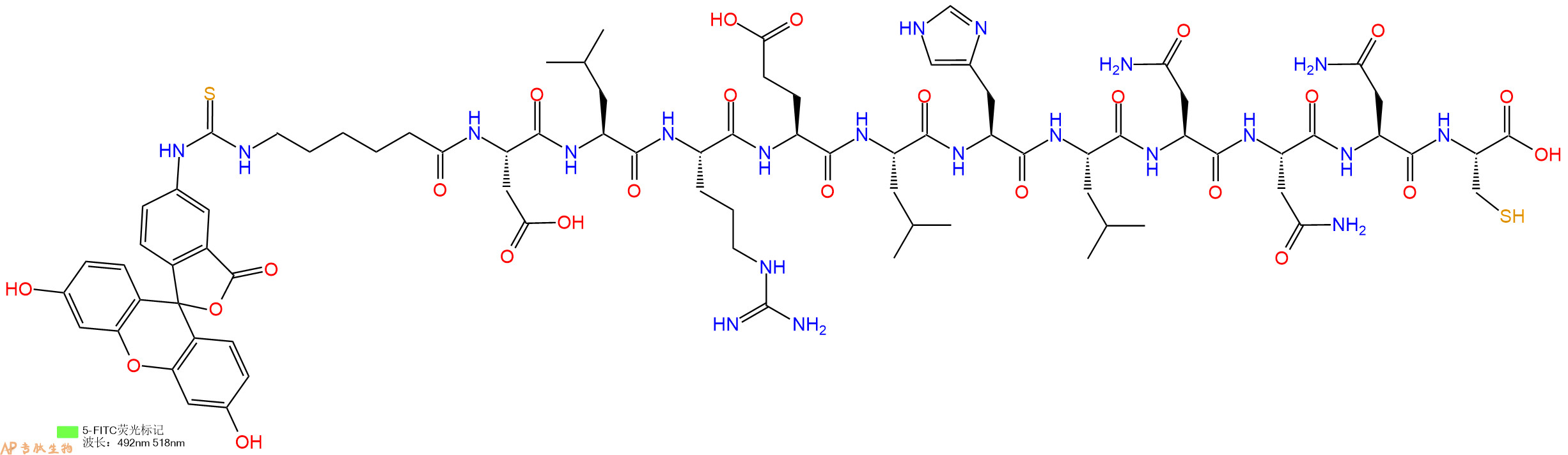 专肽生物产品5FITC-Ahx-Asp-Leu-Arg-Glu-Leu-His-Leu-Asn-Asn-Asn-Cys-OH
