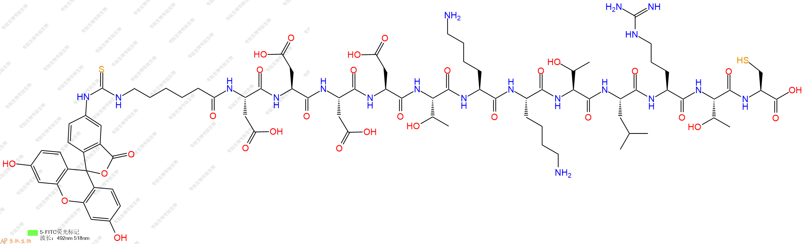 专肽生物产品5FITC-Ahx-Asp-Asp-Asp-Asp-Thr-Lys-Lys-Thr-Leu-Arg-Thr-Cys-OH