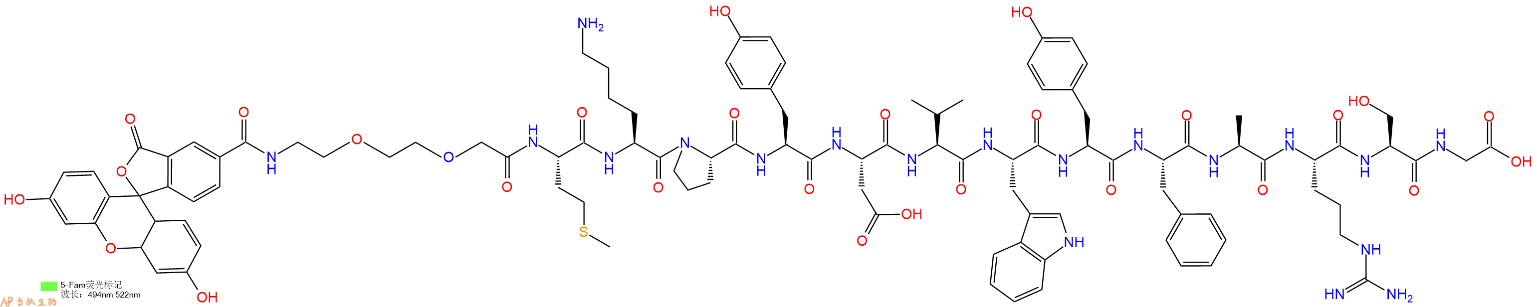 专肽生物产品5FAM-PEG2-Met-Lys-Pro-Tyr-Asp-Val-Trp-Tyr-Phe-Ala-Arg-Ser-Gly