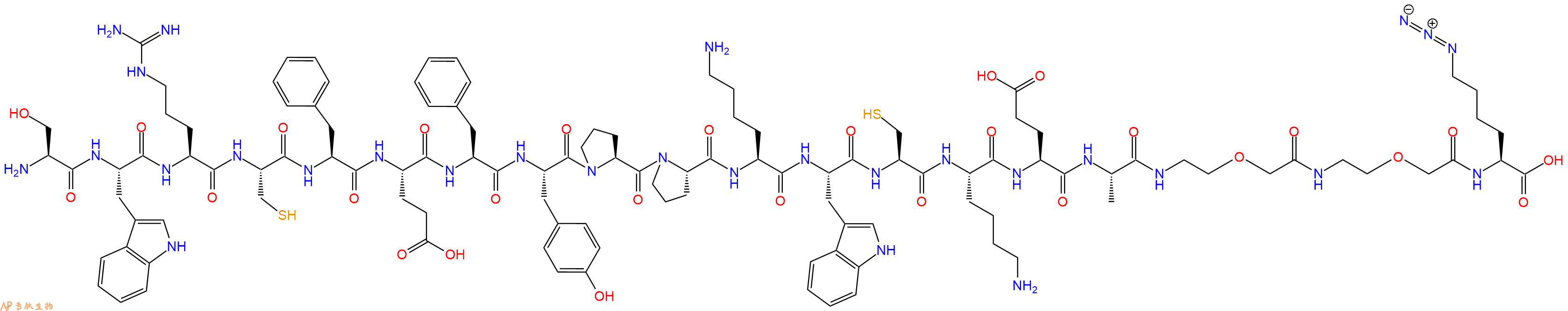 专肽生物产品Ser-Trp-Arg-Cys-Phe-Glu-Phe-Tyr-Pro-Pro-Lys-Trp-Cys-Lys-Glu-Ala-PEG-PEG-Lys(N3)