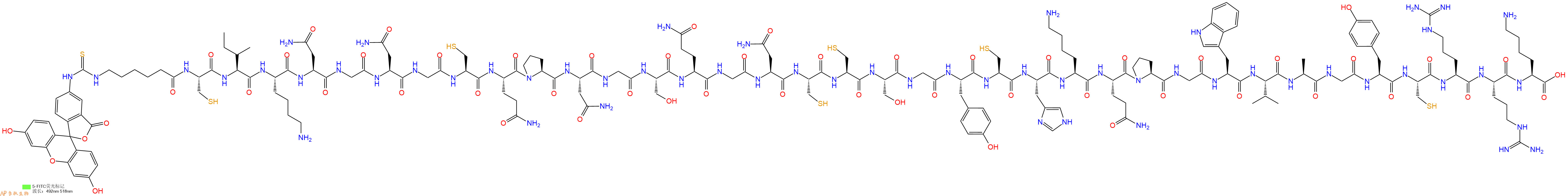 专肽生物产品5FITC-Ahx-Cys-Ile-Lys-Asn-Gly-Asn-Gly-Cys-Gln-Pro-Asn-Gly-Ser-Gln-Gly-Asn-Cys-Cys-Ser-Gly-Tyr-Cys-His-Lys-Gln-Pro-Gly-Trp-Val-Ala-Gly-Tyr-Cys-Arg-Arg-Lys-OH