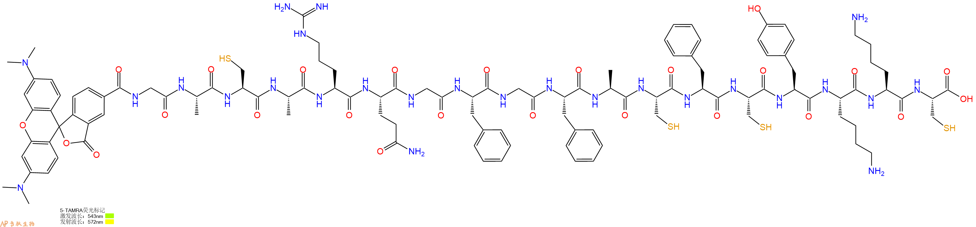 专肽生物产品5TAMRA-Gly-Ala-Cys-Ala-Arg-Gln-Gly-Phe-Gly-Phe-Ala-Cys-Phe-Cys-Tyr-Lys-Lys-Cys-OH