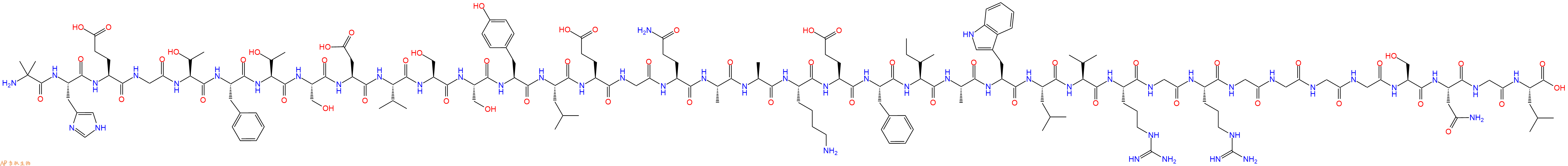 专肽生物产品H2N-Aib-His-Glu-Gly-Thr-Phe-Thr-Ser-Asp-Val-Ser-Ser-Tyr-Leu-Glu-Gly-Gln-Ala-Ala-Lys-Glu-Phe-Ile-Ala-Trp-Leu-Val-Arg-Gly-Arg-Gly-Gly-Gly-Gly-Ser-Asn-Gly-Leu-OH