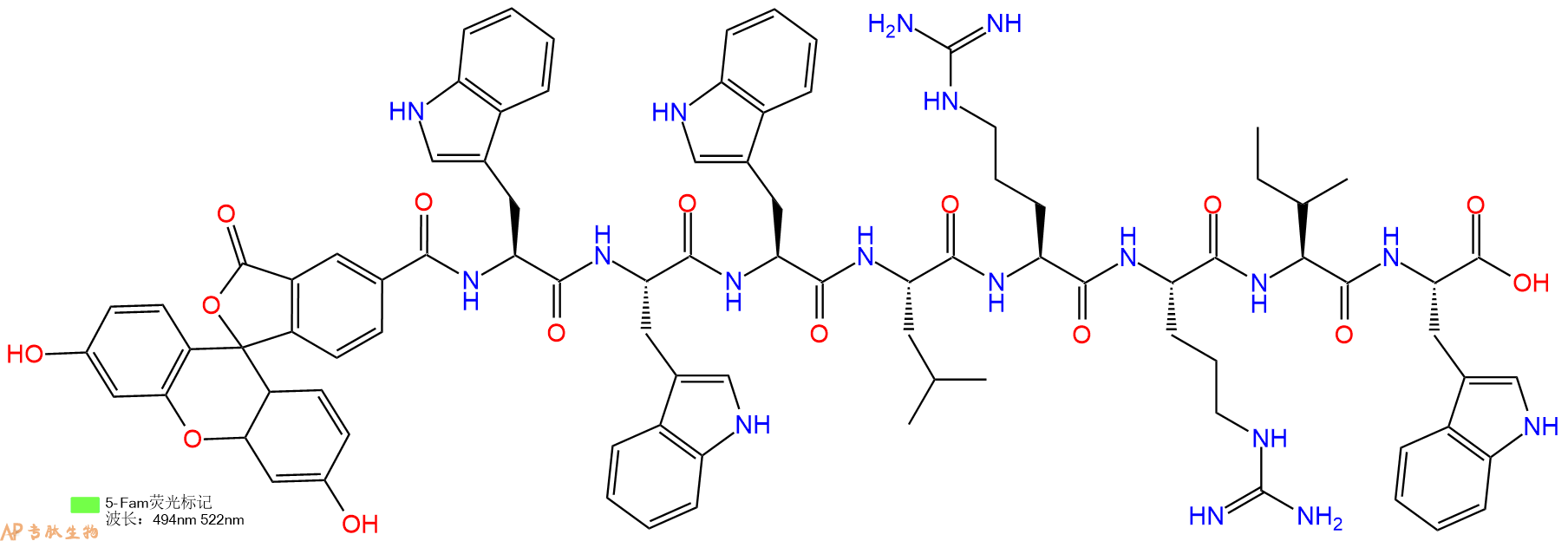 专肽生物产品5FAM-Trp-Trp-Trp-Leu-Arg-Arg-Ile-Trp-OH