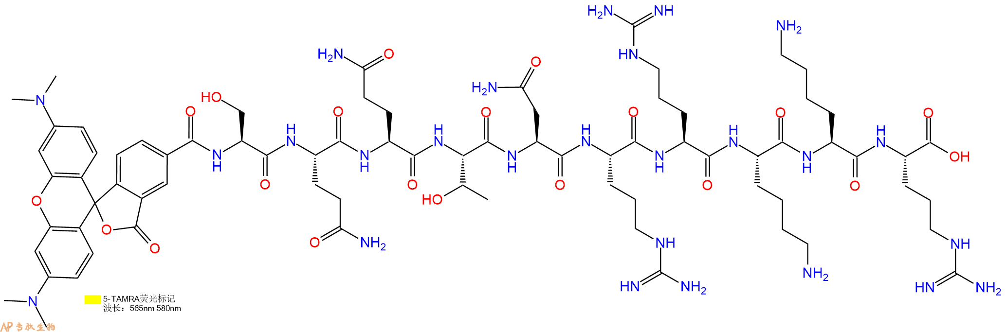 专肽生物产品5TAMRA-Ser-Gln-Gln-Thr-Asn-Arg-Arg-Lys-Lys-Arg-OH