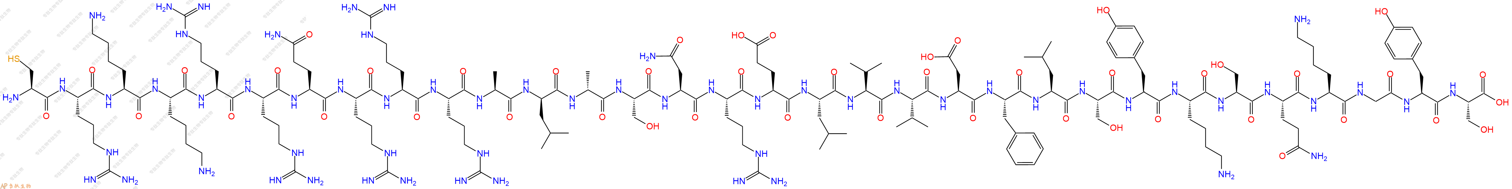 专肽生物产品H2N-Cys-Arg-Lys-Lys-Arg-Arg-Gln-Arg-Arg-Arg-Ala-DLeu-DAla-Ser-Asn-Arg-Glu-Leu-Val-Val-Asp-Phe-Leu-Ser-Tyr-Lys-Ser-Gln-Lys-Gly-Tyr-Ser-OH