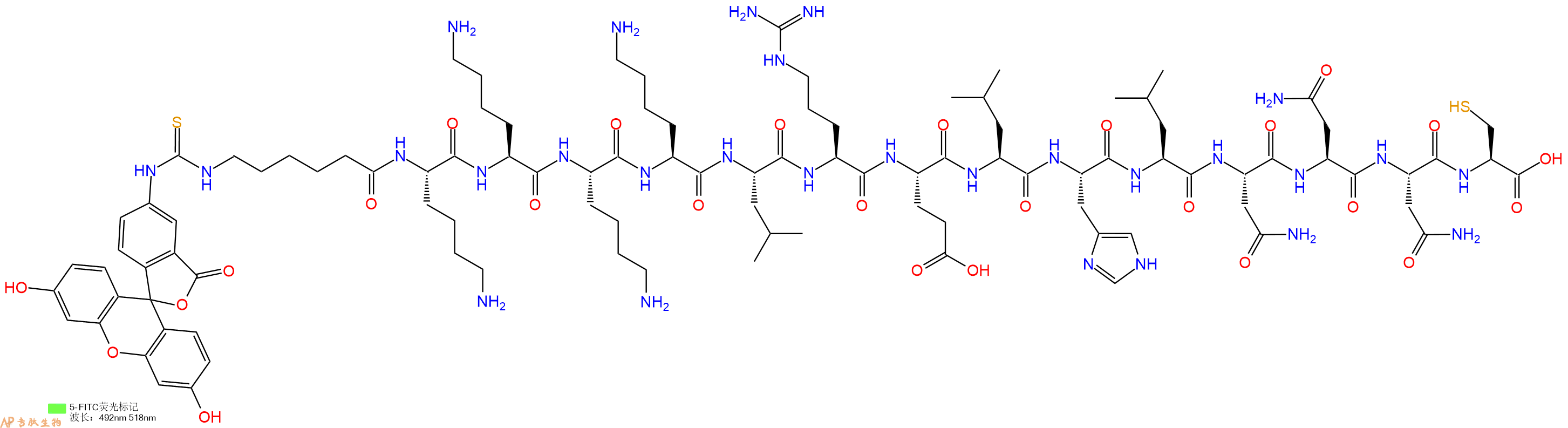 专肽生物产品5FITC-Ahx-Lys-Lys-Lys-Lys-Leu-Arg-Glu-Leu-His-Leu-Asn-Asn-Asn-Cys-OH