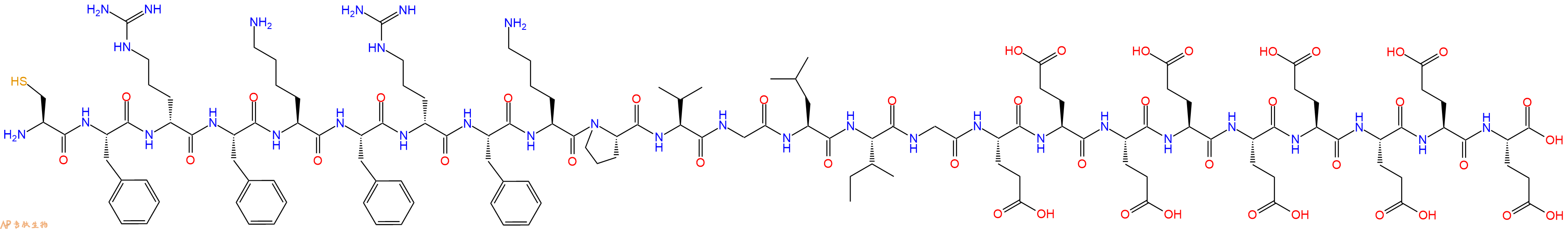专肽生物产品H2N-Cys-Phe-DArg-Phe-Lys-Phe-DArg-Phe-Lys-Pro-Val-Gly-Leu-Ile-Gly-Glu-Glu-Glu-Glu-Glu-Glu-Glu-Glu-Glu-OH