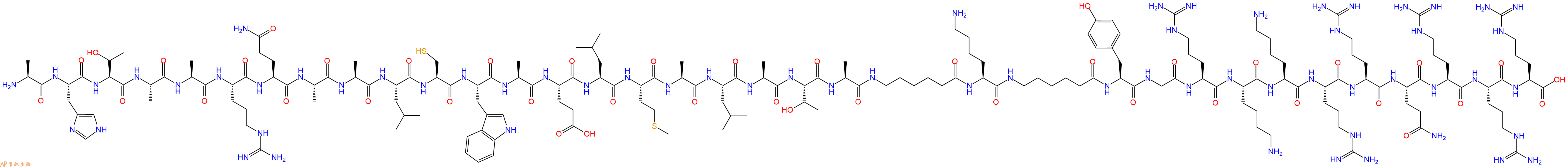 专肽生物产品H2N-Ala-His-Thr-Ala-Ala-Arg-Gln-Ala-Ala-Leu-Cys-Trp-Ala-Glu-Leu-Met-Ala-Leu-Ala-Thr-Ala-Ahx-Lys-Ahx-Tyr-Gly-Arg-Lys-Lys-Arg-Arg-Gln-Arg-Arg-Arg-OH