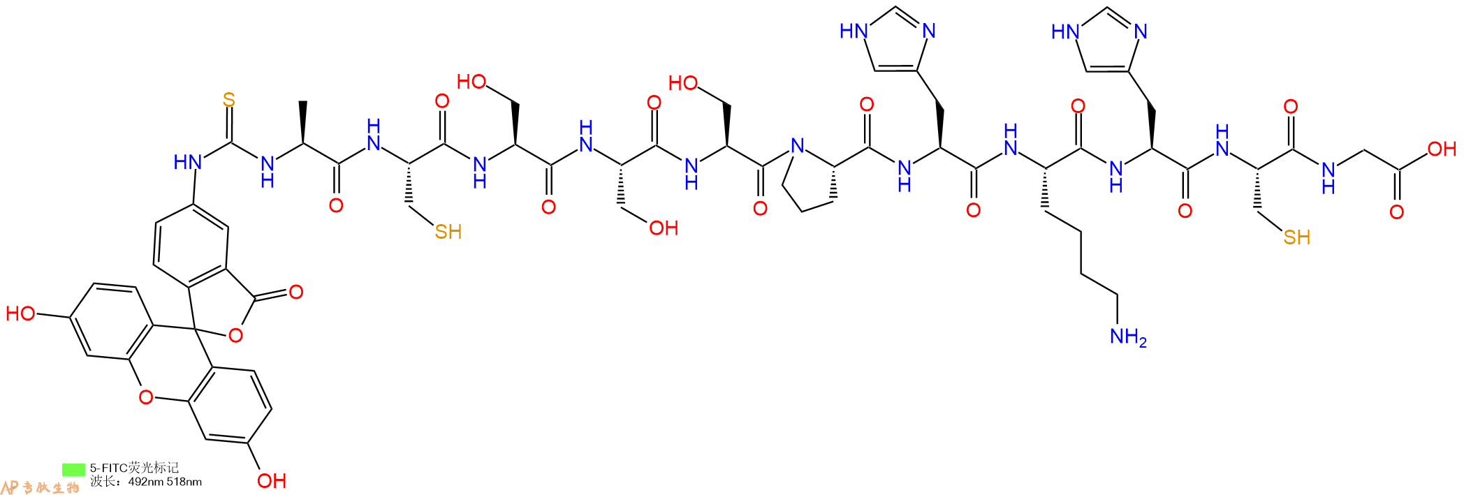 专肽生物产品5FITC-Ala-Cys-Ser-Ser-Ser-Pro-His-Lys-His-Cys-Gly-OH