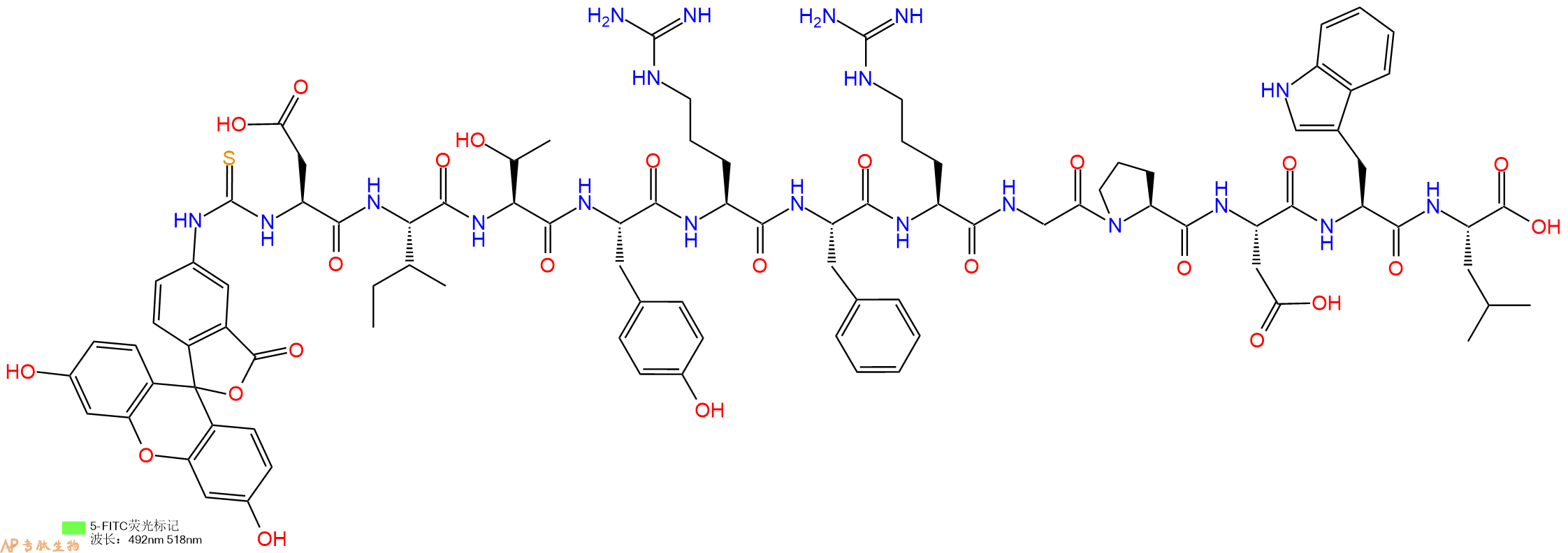 专肽生物产品5FITC-Asp-Ile-Thr-Tyr-Arg-Phe-Arg-Gly-Pro-Asp-Trp-Leu-OH