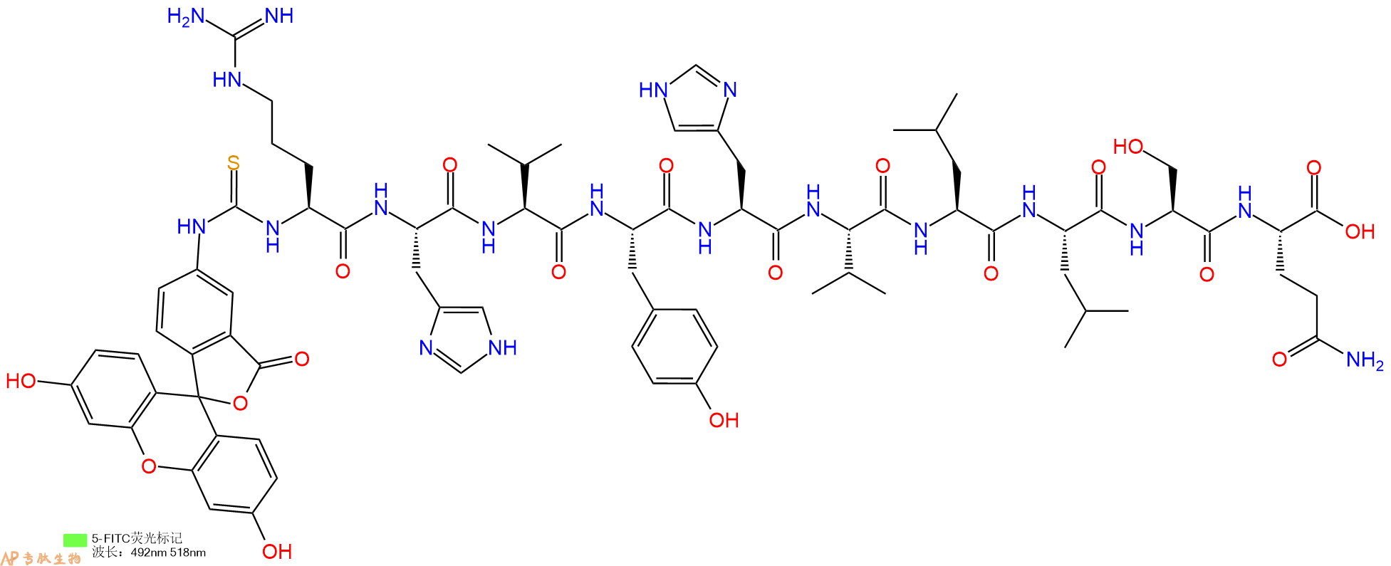 专肽生物产品5FITC-Arg-His-Val-Tyr-His-Val-Leu-Leu-Ser-Gln-OH
