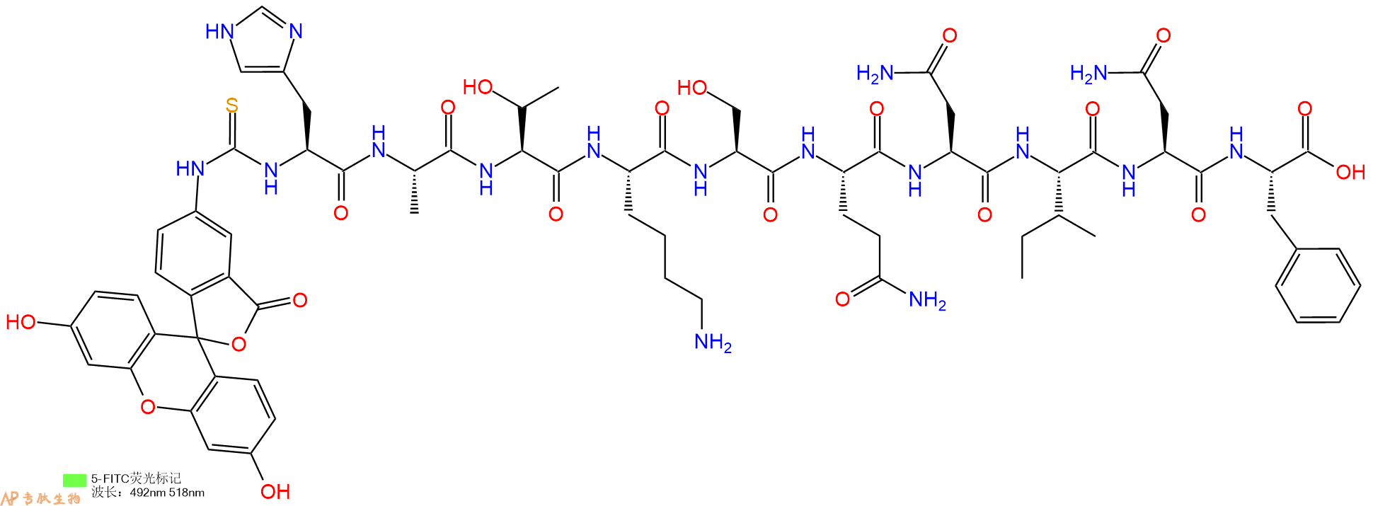 专肽生物产品5FITC-His-Ala-Thr-Lys-Ser-Gln-Asn-Ile-Asn-Phe-OH