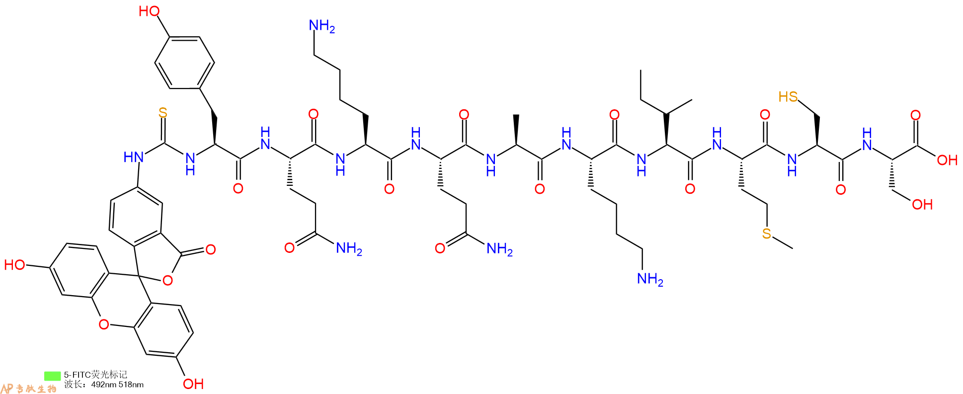 专肽生物产品5FITC-Tyr-Gln-Lys-Gln-Ala-Lys-Ile-Met-Cys-Ser-OH