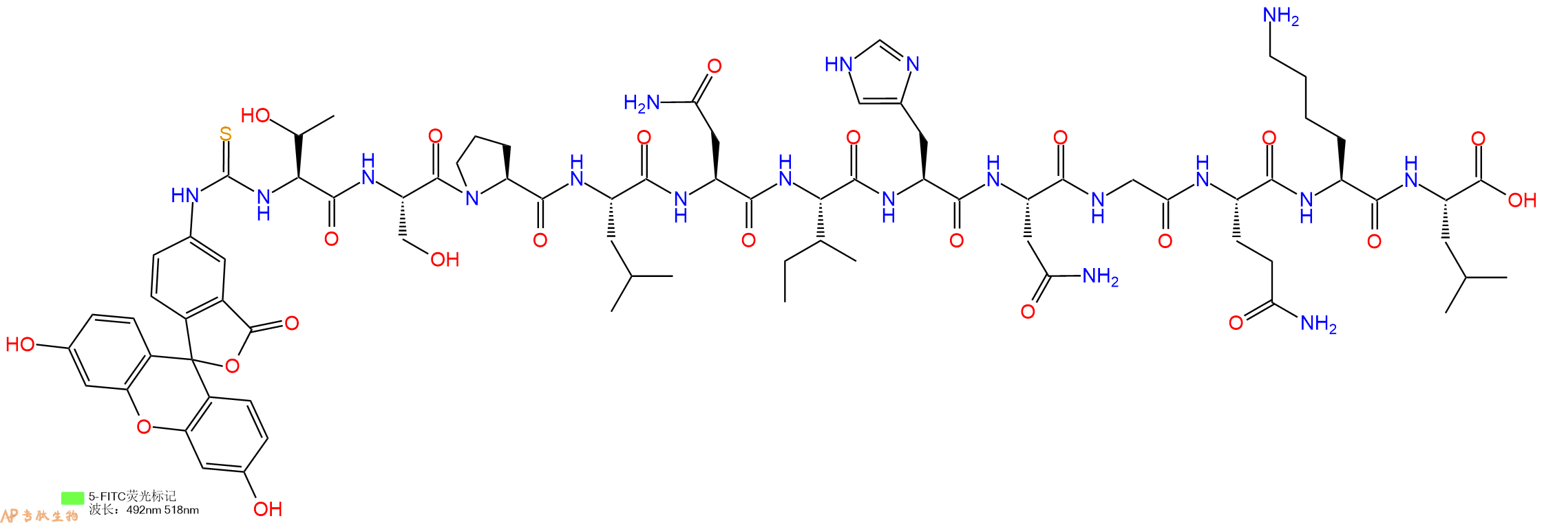 专肽生物产品5FITC-Thr-Ser-Pro-Leu-Asn-Ile-His-Asn-Gly-Gln-Lys-Leu-OH