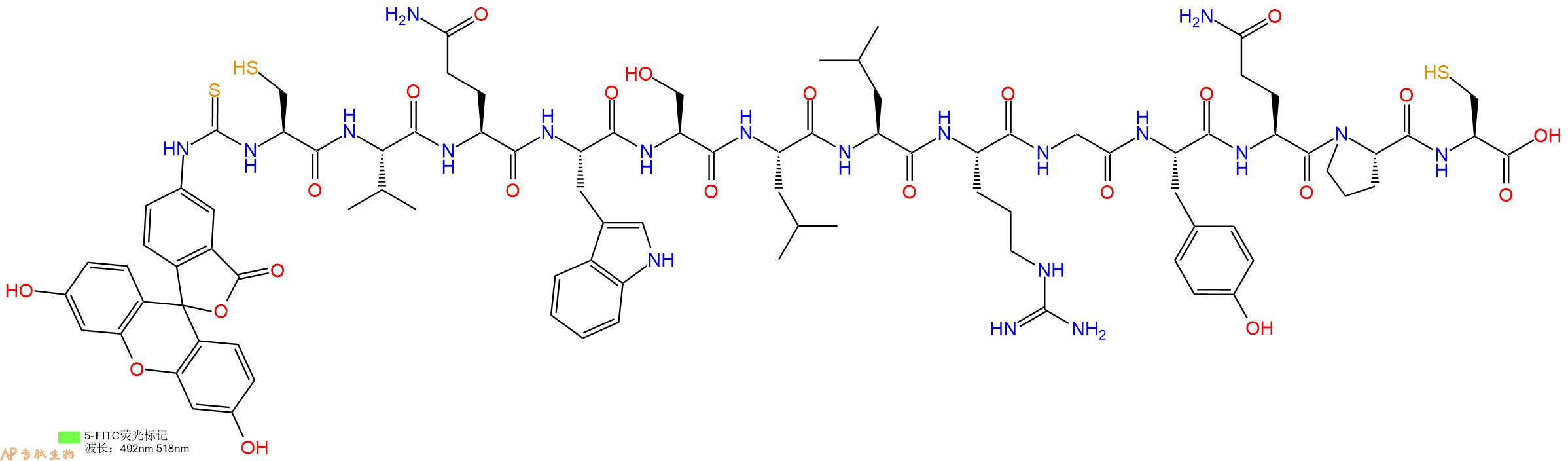 专肽生物产品5FITC-Cys-Val-Gln-Trp-Ser-Leu-Leu-Arg-Gly-Tyr-Gln-Pro-Cys-OH
