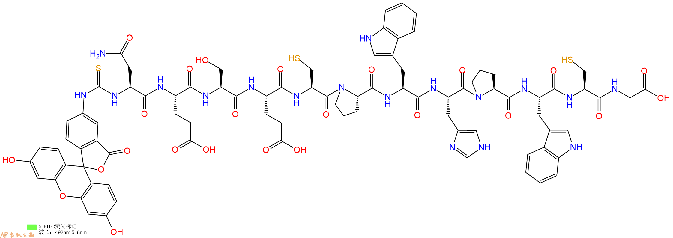 专肽生物产品5FITC-Asn-Glu-Ser-Glu-Cys-Pro-Trp-His-Pro-Trp-Cys-Gly-OH