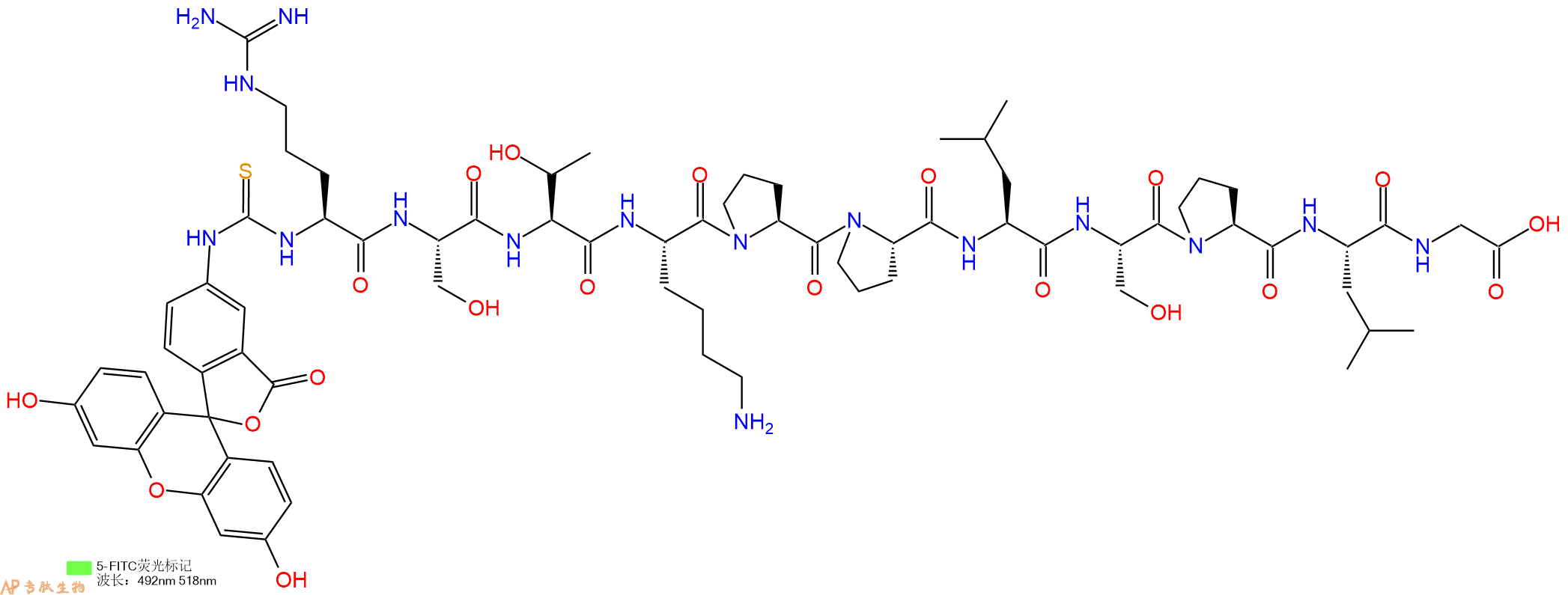 专肽生物产品5FITC-Arg-Ser-Thr-Lys-Pro-Pro-Leu-Ser-Pro-Leu-Gly-OH