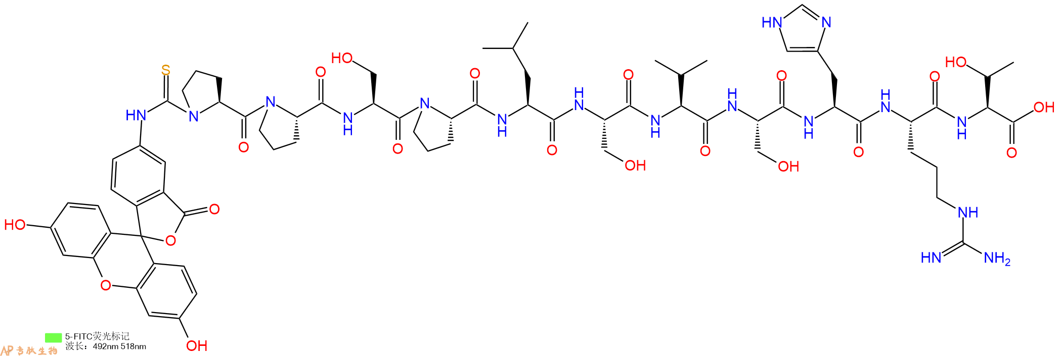 专肽生物产品5FITC-Pro-Pro-Ser-Pro-Leu-Ser-Val-Ser-His-Arg-Thr-OH